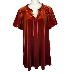 New In Women's Tunic Mini Dress Large Rust Velvet Short Puff Sleeve Smocked Neck